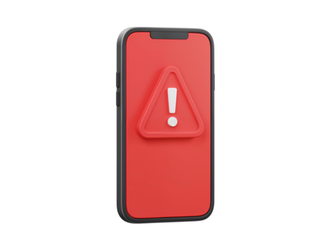 Red smartphone displaying a warning sign alert with an exclamation mark inside a triangle isolated on transparent background