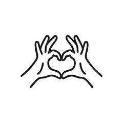 Obraz premium Love Hand Gesture Icon. This image portrays kindness, compassion, and unity. A minimalist design showing human palms creating a white heart outline on a dark backdrop.