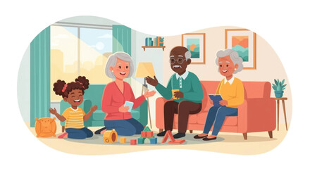 Happy multi-generational family bonding at home. Grandparents engage with their cheerful granddaughter, fostering intergenerational connection and care.