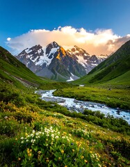 Mountain valley at sunrise with wildflowers