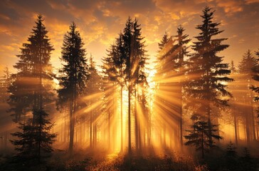 Fototapeta premium Golden Light Through the Forest Trees