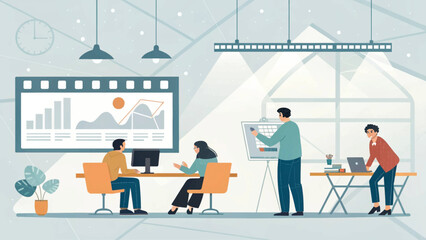 A diverse team collaborates in a bright, modern office, analyzing data and presenting ideas. Ideal for business, finance, and teamwork concepts.