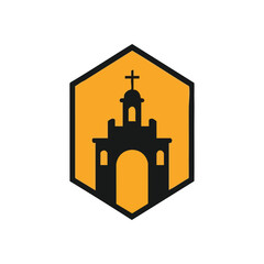 Sacred Sanctuary Emblem Design. Striking digital illustration of a holy building in a vibrant amber hexagonal frame. Symbolizes belief, tradition, and spiritual solace.