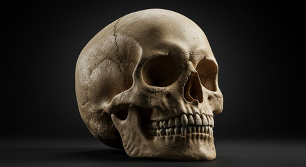 Obraz premium Realistic human skull with detailed cracks and texture, isolated on dark background