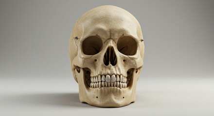 Fototapeta premium Realistic human skull with detailed texture and subtle cracks, perfect for medical or artistic concepts.