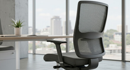 Sleek modern ergonomic office chair with mesh back offers comfort and style in a bright workspace