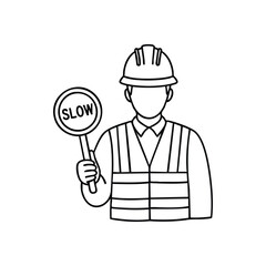 Road Worker with Slow Sign Icon. Line art of a site professional in protective headwear and high visibility vest displaying a warning paddle. Symbolizes prudence and guidance.