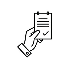 Hand Holding Checklist Icon. White line art of a human palm presenting a document with a tick mark. This versatile graphic symbolizes successful completion, task validation, or agreement.