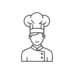 Happy Chef Avatar. Clean line illustration displays a kitchen expert in uniform and toque. Symbolizes culinary skill, hospitality, and dedication to fine food.