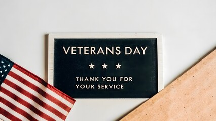 Fototapeta premium Patriotic Veterans Day Celebration with American Flag and Thank You Message Displayed on a Chalkboard with a Wooden Plank