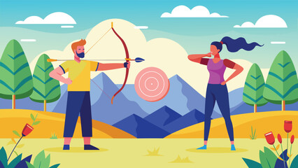 Fototapeta premium Focused athletes practice archery aiming for success in a vibrant outdoor setting with mountains
