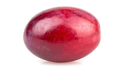 Fototapeta premium Single, vibrant red berry, perfectly round and glossy, is isolated against a plain white backdrop.
