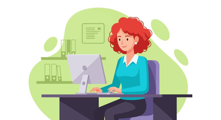 Smiling woman with red hair working efficiently at a computer desk in a modern office. Ideal for business, technology, or remote work concepts.