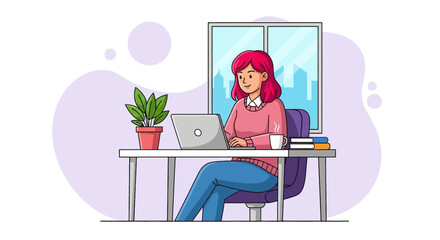 Happy woman working on laptop at home office or co-working space, demonstrating productivity, remote work, or online learning. Ideal for business, technology, or lifestyle concepts.
