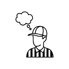 Umpire Reflects on Game Play. Monochromatic silhouette of an official with a thought bubble, symbolizing careful deliberation or a difficult judgment in sports. Perfect for concepts of rules and.
