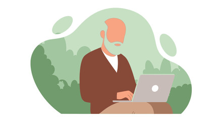 Elderly man with grey beard using a laptop, representing digital literacy, online learning, and staying connected in retirement.