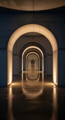 Obraz premium Symmetrical Passage A stunning vertical portrait of an illuminated concrete arched corridor, a minimalist architectural wallpaper.