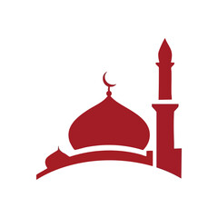Islamic Mosque Silhouette Icon. A striking crimson outline of a revered edifice with a crescent, embodying tranquility, faith, and community in Muslim heritage.
