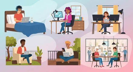 People working remotely from diverse locations: home, outdoors, and office. Illustrates modern flexible work environments and global connectivity.