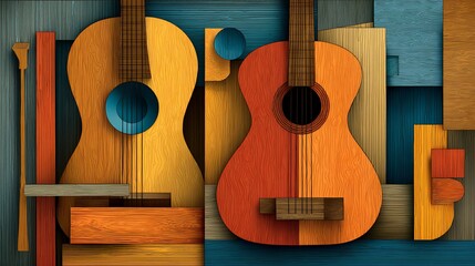 Obraz premium Colorful Wooden Acoustic Guitars Wall Art with Bright Blue and Orange Background