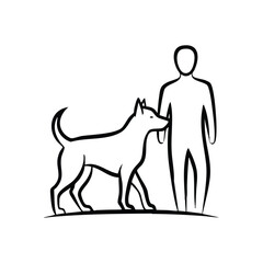 Human and Dog Companionship. A minimalist silhouette portrays an individual alongside their faithful pet. This icon embodies profound connection, unwavering loyalty, and mutual support.