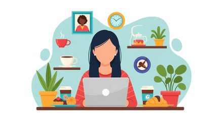 Woman working on a laptop from her comfortable home office setup, surrounded by coffee, plants, and snacks. Represents remote work and productivity.