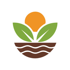 Natural Growth Sun Leaves Symbol. Vibrant green foliage emerges from rich soil under a rising golden orb. This harmonious emblem signifies organic development, environmental care, and fresh.