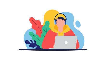Person with headphones working on laptop, representing remote work, online learning, and digital productivity. Ideal for technology, business, and lifestyle concepts.
