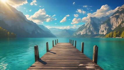 Obraz premium Serene wooden pier on a turquoise lake with majestic mountains