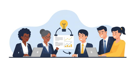 Diverse business team collaborating on new ideas and data analysis, fostering innovation and successful strategies in a professional setting.
