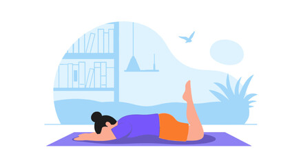 Woman illustration performing a relaxing yoga pose on a mat at home, fostering peace, fitness, and a healthy lifestyle. Ideal for wellness and self-care concepts.