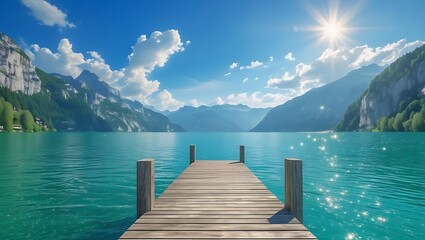 Obraz premium Tranquil wooden pier on a turquoise alpine lake under a sunny sky