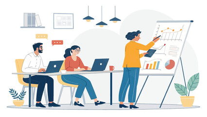 Team of professionals collaborating in a modern office, presenting data on a whiteboard while others work on laptops. Ideal for business, corporate, and education concepts.