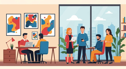 Diverse team of professionals collaborating in a modern office space, illustrating teamwork and productivity in a vibrant work environment with city views.