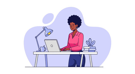Happy Black woman working productively at a desk with laptop and books. Ideal for business, education, and remote work concepts.