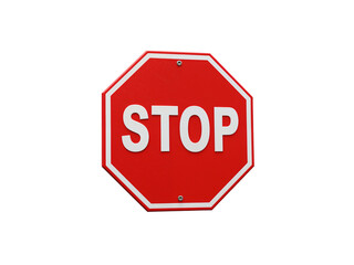 Red octagonal stop sign with white lettering indicating to halt traffic isolated on transparent background