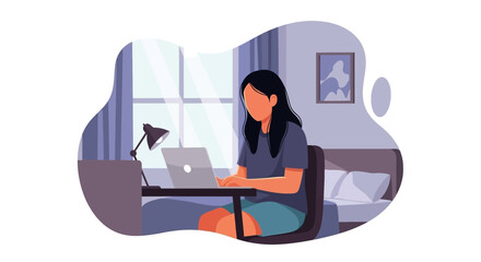Young woman focused on laptop at home desk, depicting remote work, online learning, or digital lifestyle and productivity.