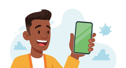 Smiling African American man holds a smartphone with a blank green screen, ideal for showcasing digital communication, mobile apps, and online technology.