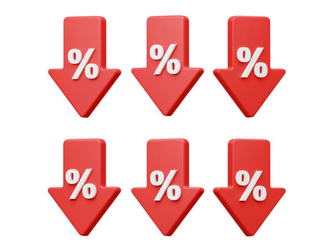 Six red downward pointing arrows with percentage symbols indicating a decrease in value or sales isolated on transparent background