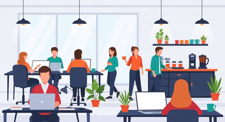 Obraz premium Diverse team collaborating in a modern open-plan office. Depicts productivity, teamwork, and a dynamic corporate or startup work environment. Ideal for business concepts.