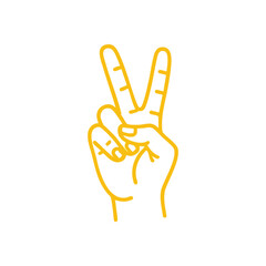 Yellow Victory Gesture Outline Art. A vibrant graphic showcases an iconic human hand forming the classic peace symbol. This bold outline, with distressed white details on a black backdrop, conveys.