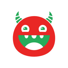 Friendly Red Horned Creature. A vibrant, cheerful monster character with a wide grin. This playful illustration embodies delight and mischievous fun on a dark background.