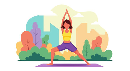 Fototapeta premium Woman practices yoga warrior pose outdoors on a mat, promoting balance, fitness, and a healthy lifestyle in a serene park setting. Ideal for wellness and exercise themes.
