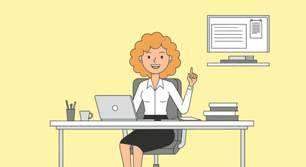 Smiling businesswoman at her office desk with a laptop, pointing upwards with a brilliant idea. Perfect for business, education, or innovation concepts.