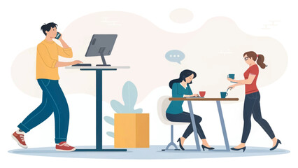 Dynamic illustration of diverse professionals working and collaborating in a modern office. Ideal for business, technology, or lifestyle concepts like remote work and communication.