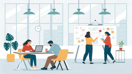 Diverse team collaborating in a modern open-plan office, brainstorming ideas and working efficiently on laptops. Ideal for business, startup, and corporate themes.