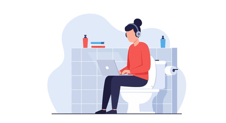 Focused person works remotely from home, using a laptop and headphones while sitting on a toilet. Represents work flexibility and unconventional spaces.