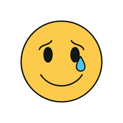 Smiling Face with Tear Drop. This poignant illustration features a cheerful yellow visage with a lone blue droplet, conveying a mix of sorrow and concealed joy. Ideal for empathetic content.