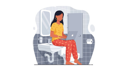 Woman working remotely on a laptop while sitting on a toilet, illustrating multitasking, flexibility, and the challenges of work-life balance.