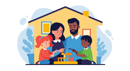 Happy family spending quality time at home, parents watching children play with building blocks. Represents love, learning, and secure childhood.